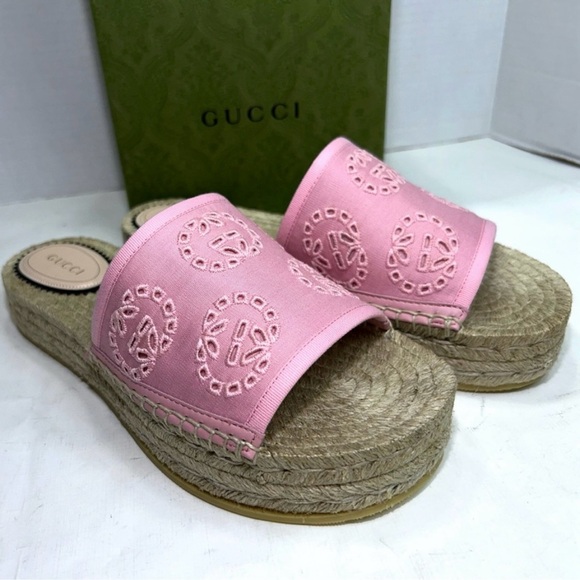GUCCI DAMITA DOUBLE GG EMBROIDERED LOGO PINK CANVAS ESPADRILLE SANDALS SZ 40.5 - Picture 6 of 16